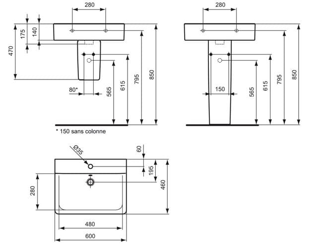 IDEAL STANDARD CONNECT CUBE umývadlo 60 cm, s otvorom pre batériu a prepadom, Ideal Plus E7141MA Technický nákres
