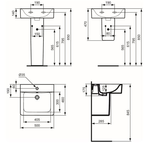 IDEAL STANDARD CONNECT CUBE umývadlo 50 cm, s otvorom pre batériu a prepadom E713801 Technický nákres