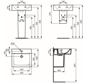 IDEAL STANDARD CONNECT CUBE umývadlo 50 cm, s otvorom pre batériu a prepadom E713801 Technický nákres