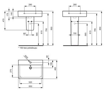 IDEAL STANDARD CONNECT CUBE umývadlo 65 cm, s otvorom pre batériu a prepadom E772901 Technický nákres