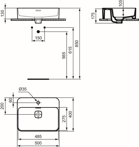 IDEAL STANDARD STRADA II umývadlo na dosku 50 cm, s otvorom pre batériu a prepadom T296601 Technický nákres
