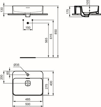 IDEAL STANDARD STRADA II umývadlo na dosku 50 cm, s otvorom pre batériu a prepadom T296601 Technický nákres