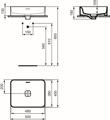 IDEAL STANDARD STRADA II umývadlo na dosku 50 cm, s prepadom T296501 Technický nákres