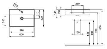 IDEAL STANDARD STRADA umývadlo 60 cm, s otvorom pre batériu a prepadom K077801 Technický nákres