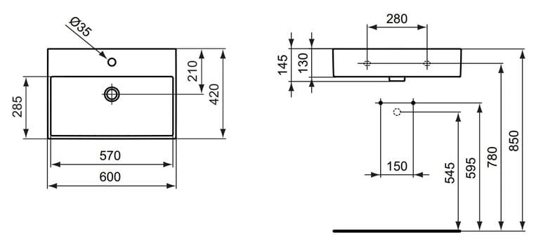 IDEAL STANDARD STRADA umývadlo 60 cm, s otvorom pre batériu a prepadom K077801 Technický nákres