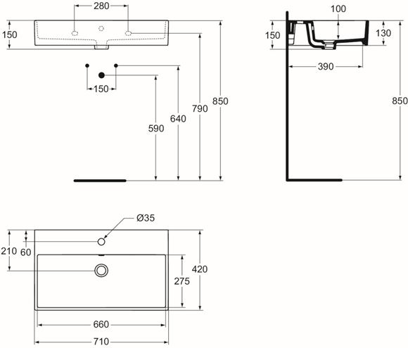 IDEAL STANDARD STRADA umývadlo 71 cm, s otvorom pre batériu a prepadom, Ideal Plus K0782MA Technický nákres