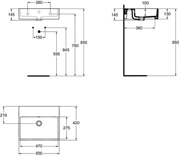 IDEAL STANDARD STRADA umývadlo 50 cm, s prepadom K081501 Technický nákres