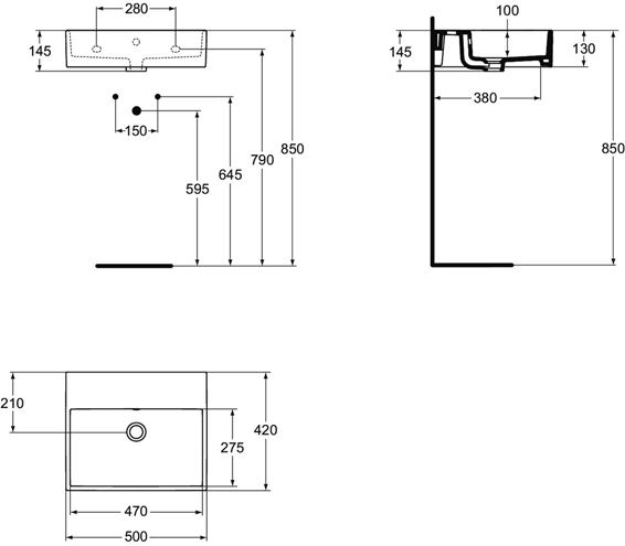 IDEAL STANDARD STRADA umývadlo 50 cm, s prepadom K081501 Technický nákres