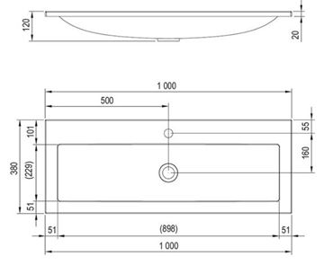 RAVAK CLEAR 1000 umývadlo 100 cm, s otvorom pre batériu, bez prepadu, liaty mramor XJJ01110000 Technický nákres