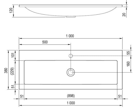 RAVAK CLEAR 1000 umývadlo 100 cm, s otvorom pre batériu, bez prepadu, liaty mramor XJJ01110000 Technický nákres