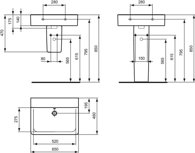 IDEAL STANDARD CONNECT CUBE umývadlo 65 cm, s prepadom E810401 Technický nákres