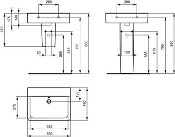 IDEAL STANDARD CONNECT CUBE umývadlo 65 cm, s prepadom E810401 Technický nákres