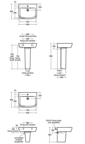 IDEAL STANDARD TEMPO umývadlo 60 cm, s otvorom pre batériu a prepadom T058401 Technický nákres