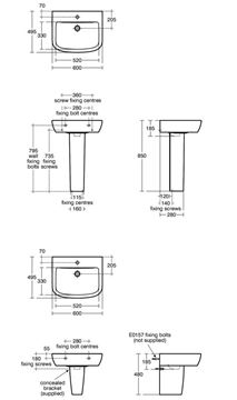 IDEAL STANDARD TEMPO umývadlo 60 cm, s otvorom pre batériu a prepadom T058401 Technický nákres