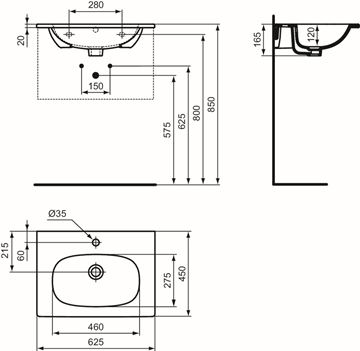 IDEAL STANDARD TESI umývadlo 62,5 cm, s otvorom pre batériu a prepadom T351001 Technický nákres