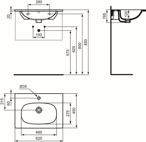 IDEAL STANDARD TESI umývadlo 62,5 cm, s otvorom pre batériu a prepadom T351001 Technický nákres