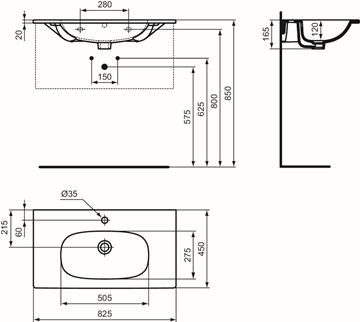 IDEAL STANDARD TESI umývadlo 82,5 cm, s otvorom pre batériu a prepadom T350901 Technický nákres