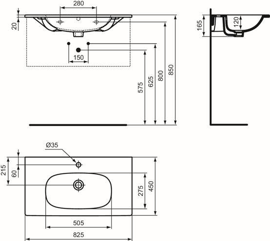 IDEAL STANDARD TESI umývadlo 82,5 cm, s otvorom pre batériu a prepadom T350901 Technický nákres