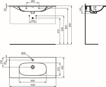 IDEAL STANDARD TESI umývadlo 102,5 cm, s otvorom pre batériu a prepadom T350801 Technický nákres