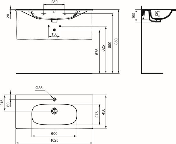 IDEAL STANDARD TESI umývadlo 102,5 cm, s otvorom pre batériu a prepadom T350801 Technický nákres