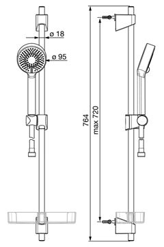 HANSA BASICJET sprchová súprava 4-dielna, ručná sprcha pr. 95 mm, 3 prúdy, tyč, hadica, mydelnička, Eco, chróm 44780133 Technický nákres
