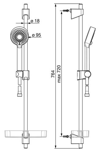 HANSA BASICJET sprchová súprava 4-dielna, ručná sprcha pr. 95 mm, 3 prúdy, tyč, hadica, mydelnička, Eco, chróm 44780133 Technický nákres