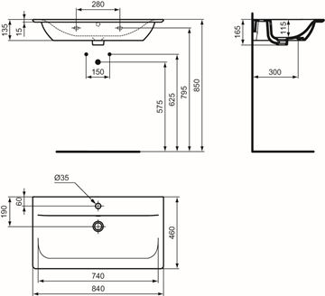 IDEAL STANDARD CONNECT AIR umývadlo 84 cm, s otvorom pre batériu a prepadom E027901 Technický nákres