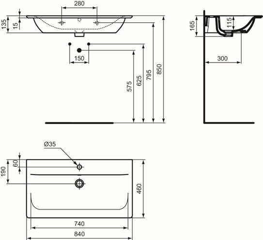 IDEAL STANDARD CONNECT AIR umývadlo 84 cm, s otvorom pre batériu a prepadom E027901 Technický nákres
