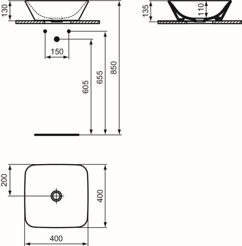 IDEAL STANDARD CONNECT AIR umývadlová misa 40 cm, bez prepadu E034701 Technický nákres
