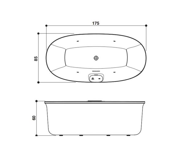 JACUZZI ARGA voľne stojaca vaňa 175x85 cm, hydromasážna, s nožičkami, akrylát ARG106C0118 Technický nákres