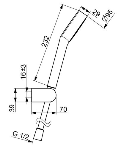 HANSA VIVA sprchová súprava 3-dielna, ručná sprcha pr. 95 mm, hadica, držiak, chróm 44170110 Technický nákres