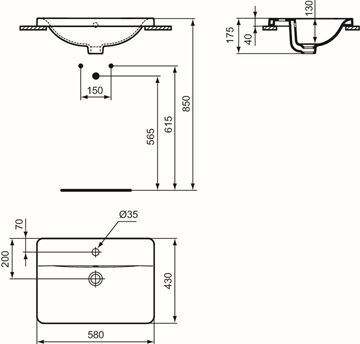 IDEAL STANDARD CONNECT umývadlo 58 cm, s otvorom pre batériu a prepadom E504401 Technický nákres