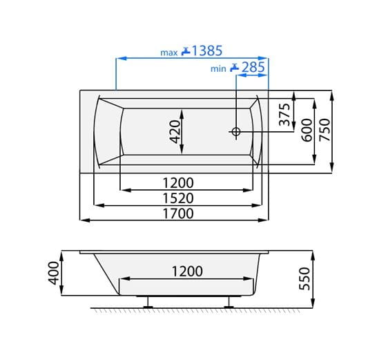 SANTECH SPRING vaňa 170x75 cm, bez nožičiek, akrylát SASPR170 Technický nákres