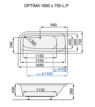 SANTECH OPTIMA rohová vaňa 169x75 cm, bez nožičiek, akrylát SAOPT169P Technický nákres
