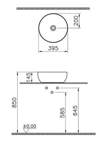 VITRA OUTLINE umývadlová misa 40 cm, bez prepadu, VitrAhygiene, matná biela 5992B401-0016 Technický nákres