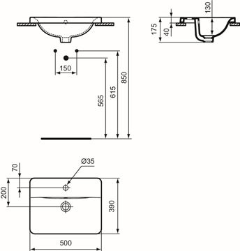 IDEAL STANDARD CONNECT umývadlo 50 cm, s otvorom pre batériu a prepadom E504301 Technický nákres