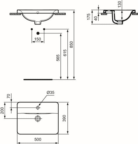 IDEAL STANDARD CONNECT umývadlo 50 cm, s otvorom pre batériu a prepadom E504301 Technický nákres