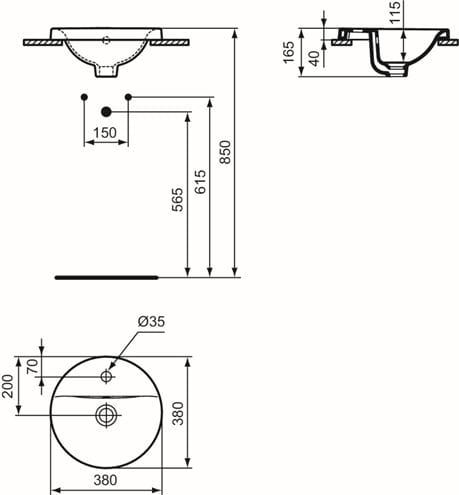 IDEAL STANDARD CONNECT umývadlo 38 cm, s otvorom pre batériu a prepadom E504101 Technický nákres