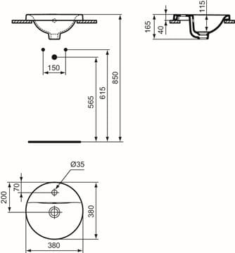IDEAL STANDARD CONNECT umývadlo 38 cm, s otvorom pre batériu a prepadom E504101 Technický nákres