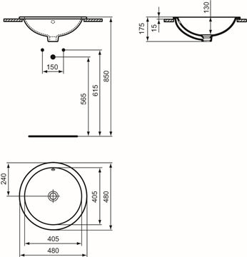 IDEAL STANDARD CONNECT umývadlo 48 cm, s prepadom E505301 Technický nákres