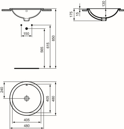 IDEAL STANDARD CONNECT umývadlo 48 cm, s prepadom E505301 Technický nákres