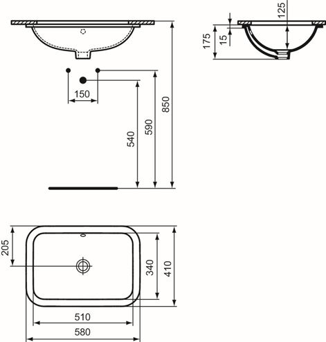 IDEAL STANDARD CONNECT umývadlo 58 cm, s prepadom E506101 Technický nákres