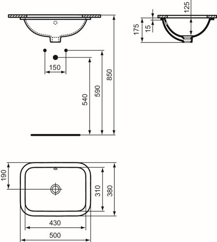 IDEAL STANDARD CONNECT umývadlo 50 cm, s prepadom E505801 Technický nákres