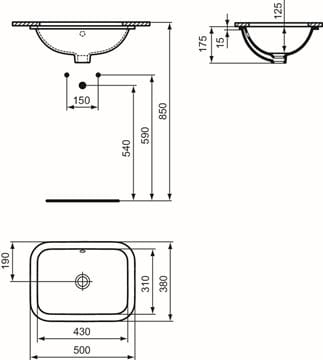 IDEAL STANDARD CONNECT umývadlo 50 cm, s prepadom E505801 Technický nákres