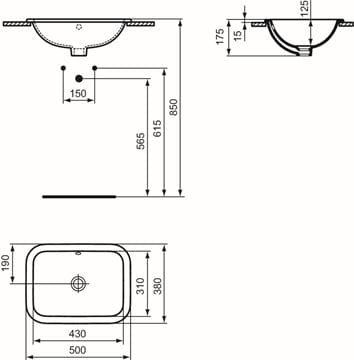 IDEAL STANDARD CONNECT umývadlo 50 cm, s prepadom E505701 Technický nákres