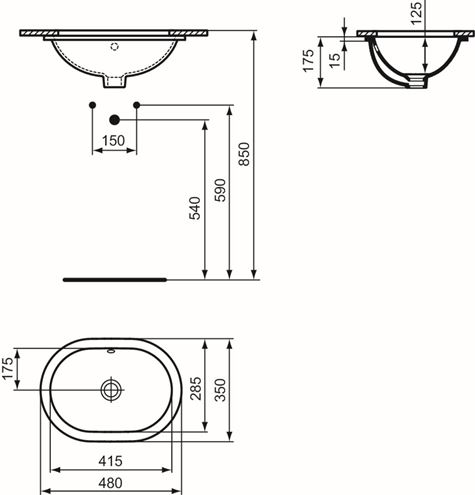 IDEAL STANDARD CONNECT umývadlo 48 cm, s prepadom E504601 Technický nákres