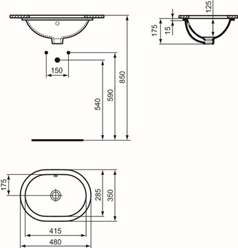 IDEAL STANDARD CONNECT umývadlo 48 cm, s prepadom E504601 Technický nákres