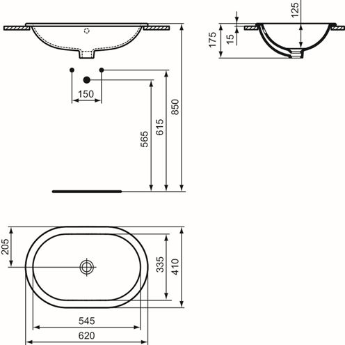 IDEAL STANDARD CONNECT umývadlo 62 cm, s prepadom E504901 Technický nákres