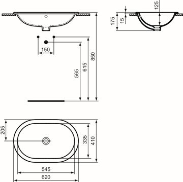 IDEAL STANDARD CONNECT umývadlo 62 cm, s prepadom E504901 Technický nákres