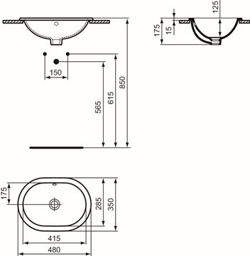 IDEAL STANDARD CONNECT umývadlo 48 cm, s prepadom E504501 Technický nákres